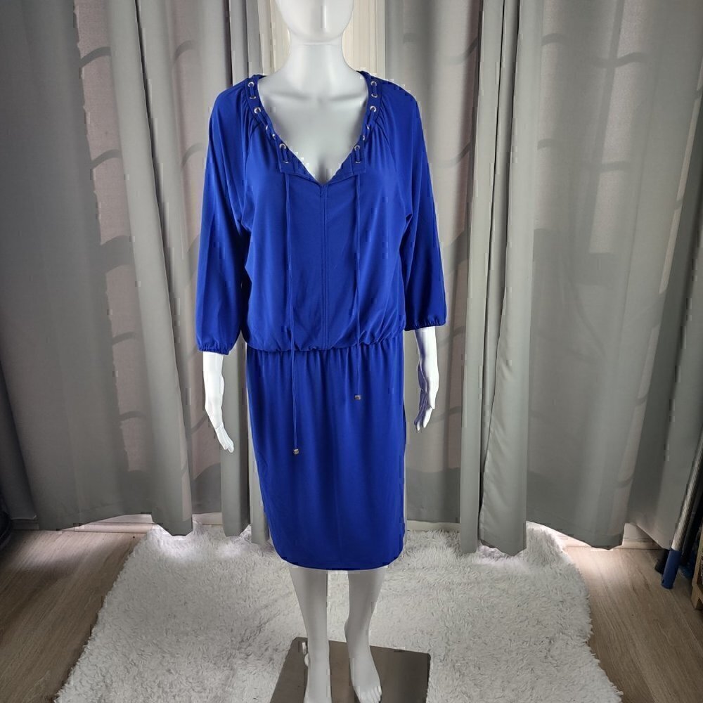 Nine West Royal Blue Jersey Dress Crew Neck Gold Grommets Elastic Waist Size 10